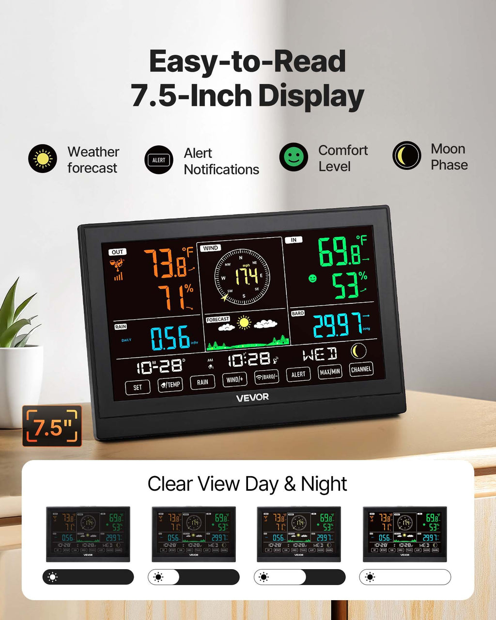 Vivon electronic weather station with 7.5-inch display on a table.