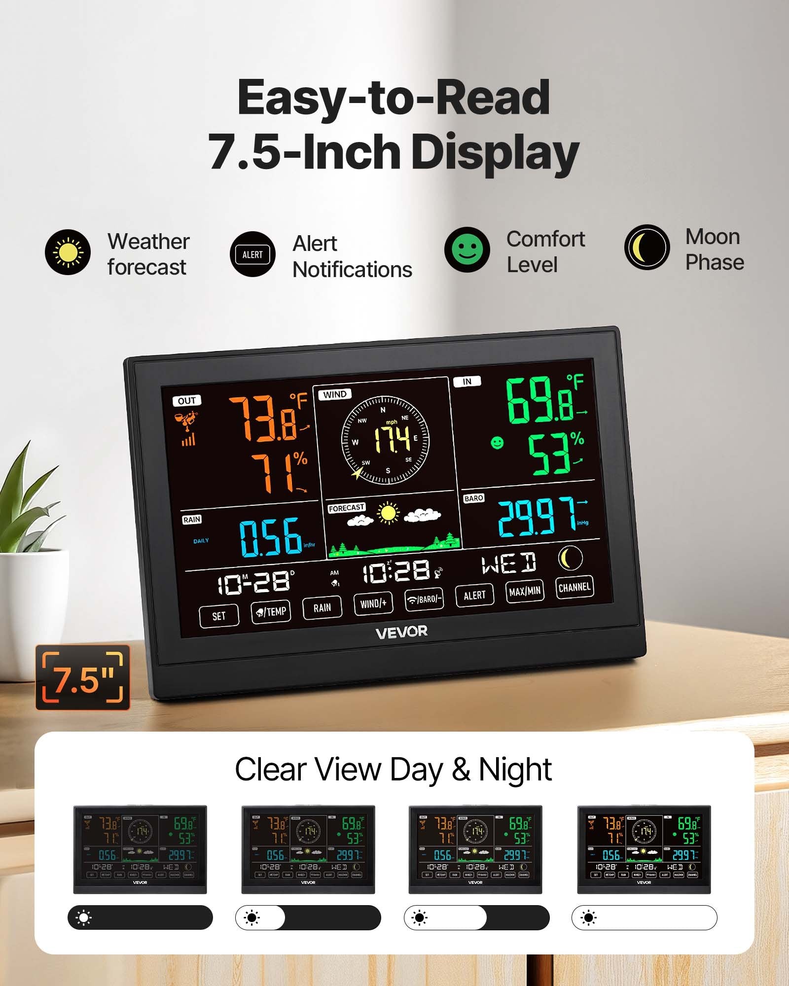 Vivon electronic weather station with 7.5-inch display on a table.