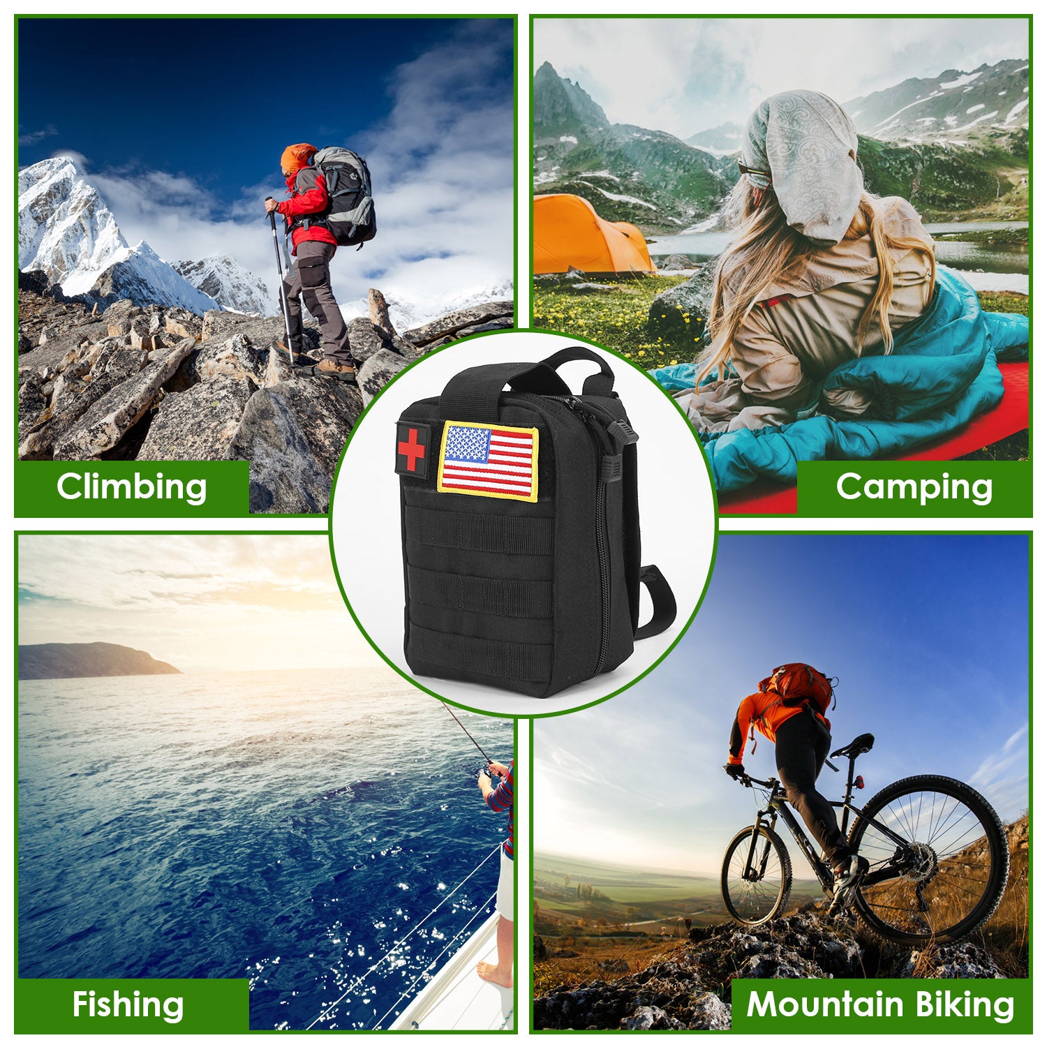 Black tactical pouch with American flag patch surrounded by outdoor activities images.