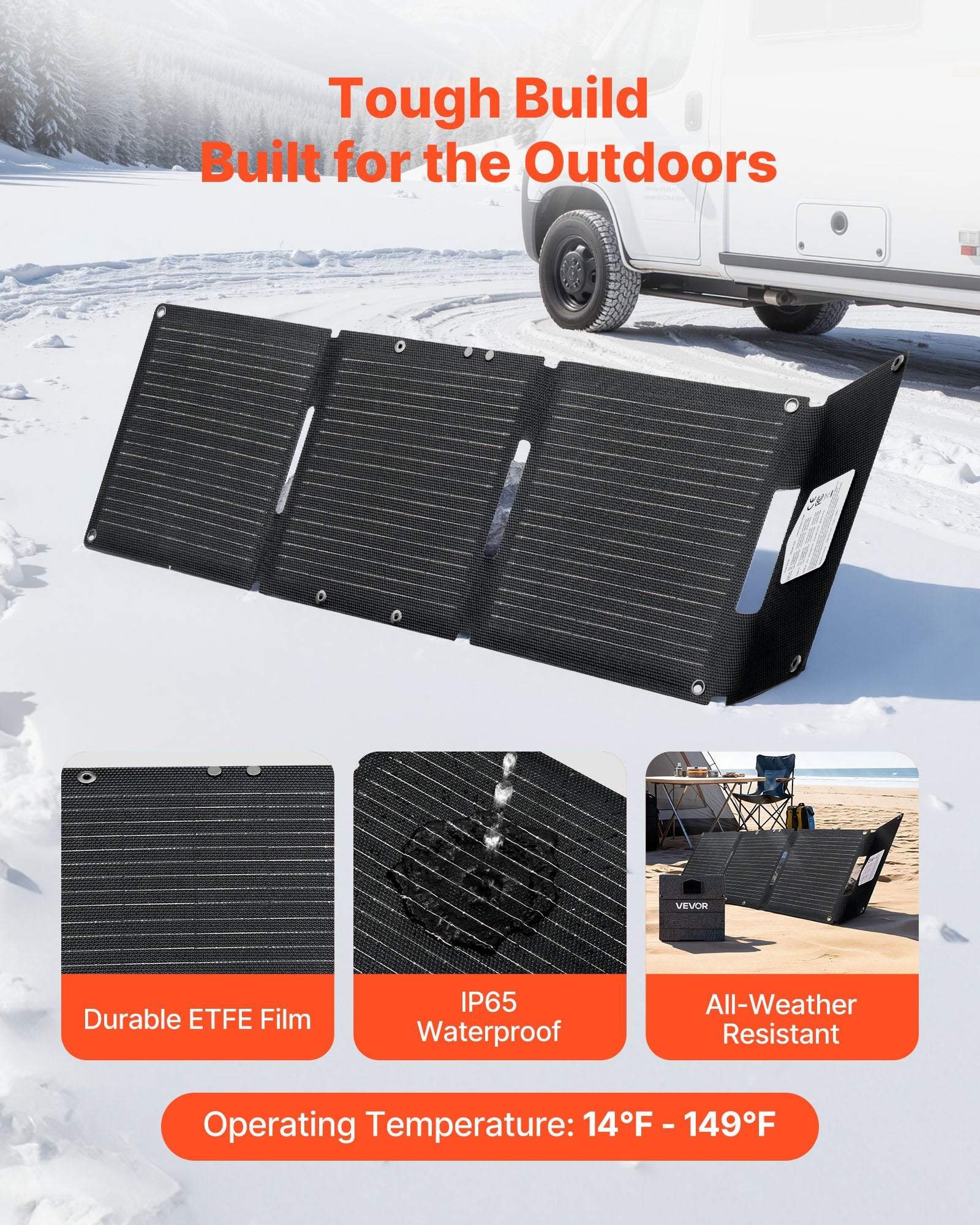 Solar panel on a snowy background with text highlighting features and operating temperature.