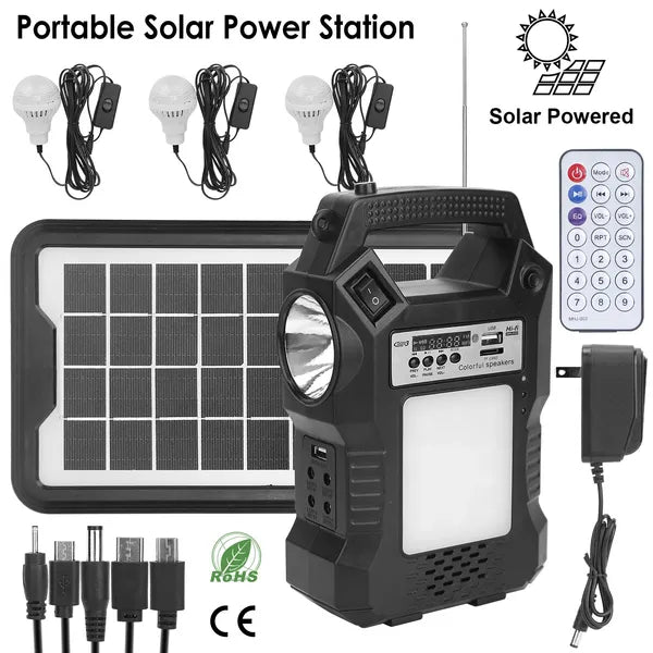 Portable solar power station with LED bulbs, solar panel, and remote control
