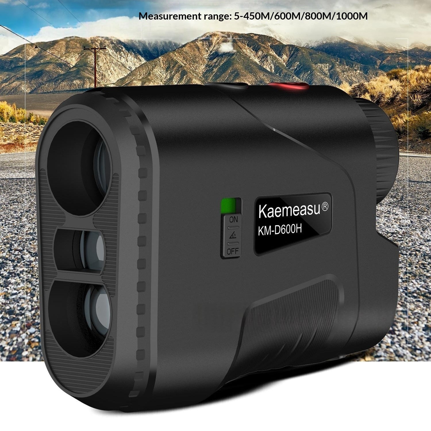 Black Kaemeasu KM-D600H laser rangefinder shown prominently in the foreground, with a blurred mountain-and-road background and overlaid text reading 'Measurement range: 5-450M/600M/800M/1000M'.