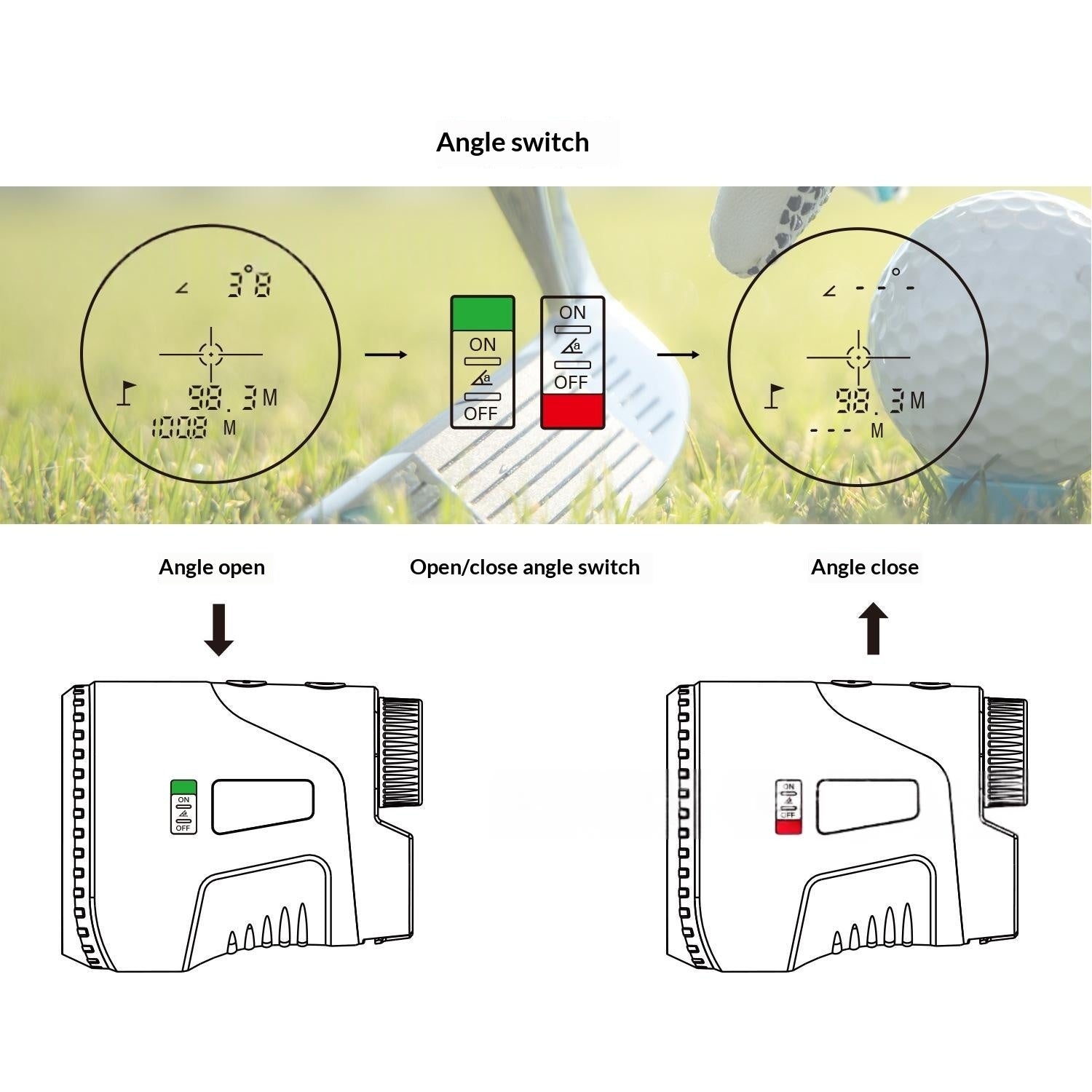 Instruction diagram showing a golf laser rangefinder's angle switch mechanism, with labeled diagrams of the device in open and closed positions and a small inset photo demonstrating the switch controls.