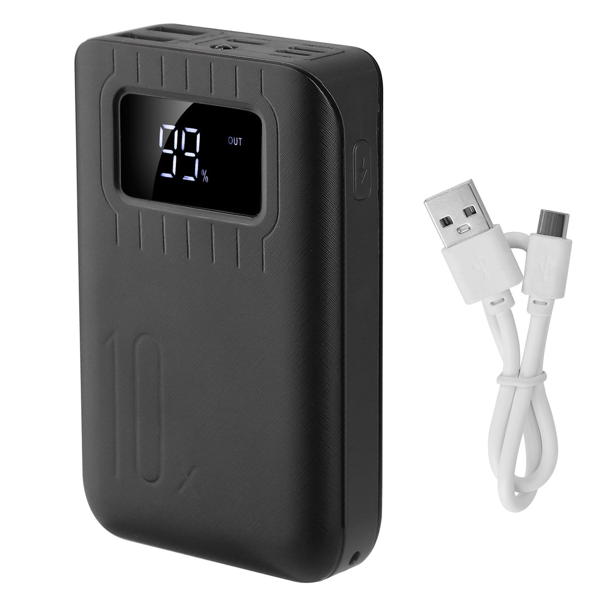 Black power bank with digital display and USB cable on a white background