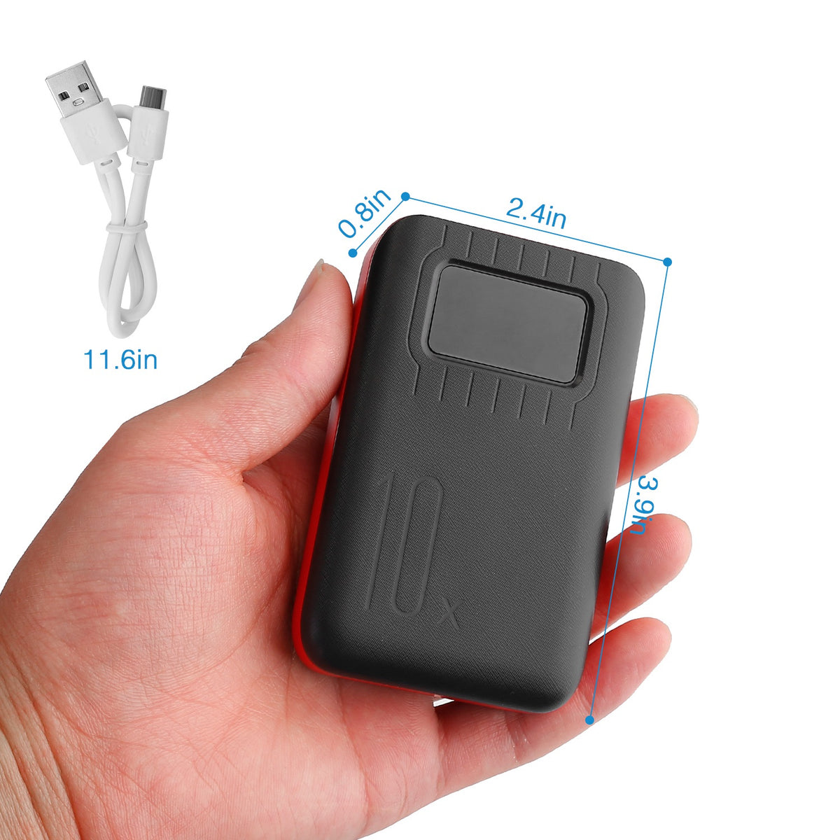 Black power bank with red accents held in a hand, with USB cable on a white background
