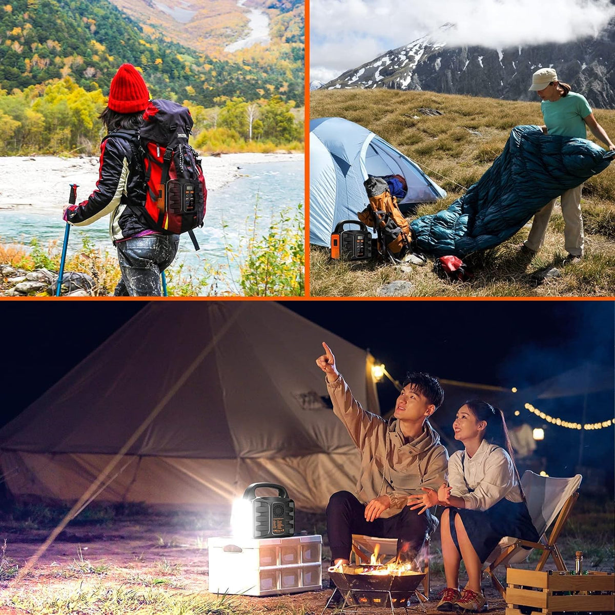 Collage of three camping scenes: hiking by a lake, setting up camp in a mountainous area, and a couple sitting by a campfire.