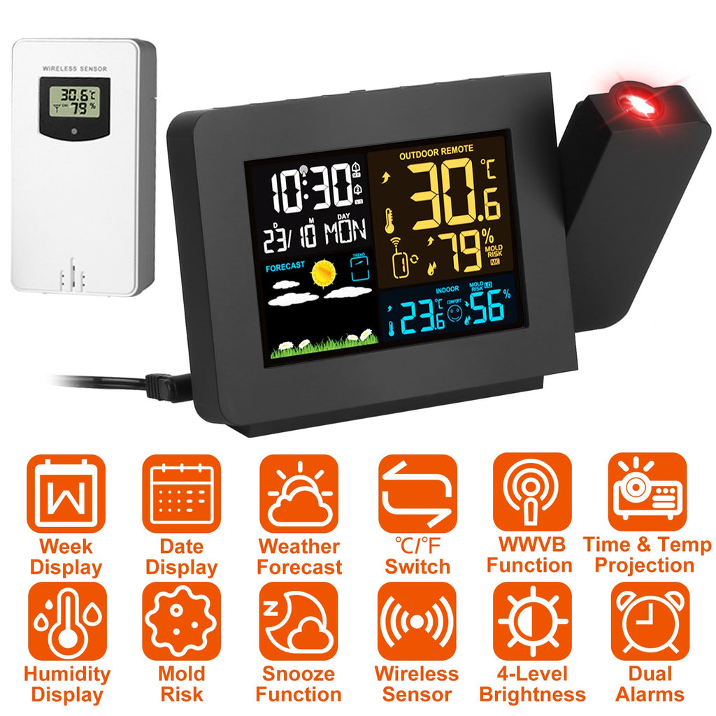 Digital clock with weather station features and remote sensor on a white background