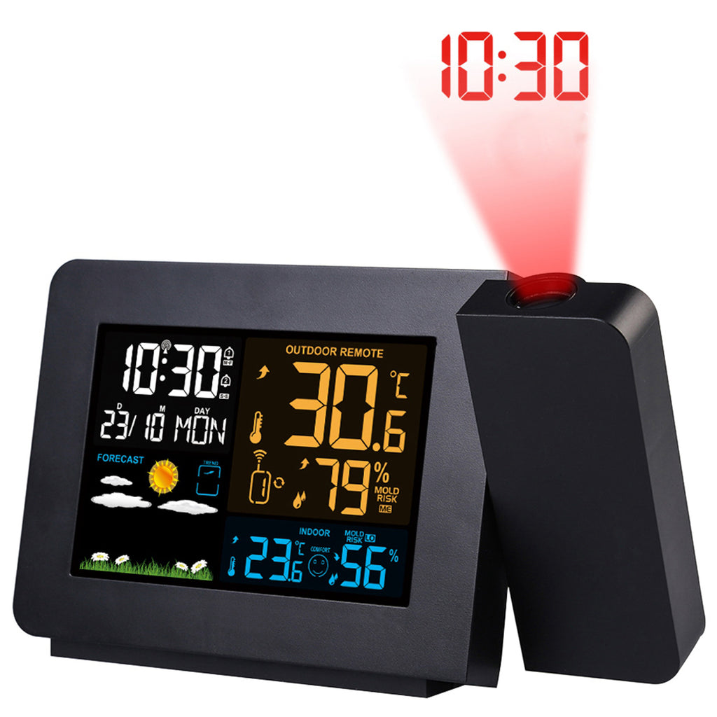 Digital clock with weather display and projection feature on a white background