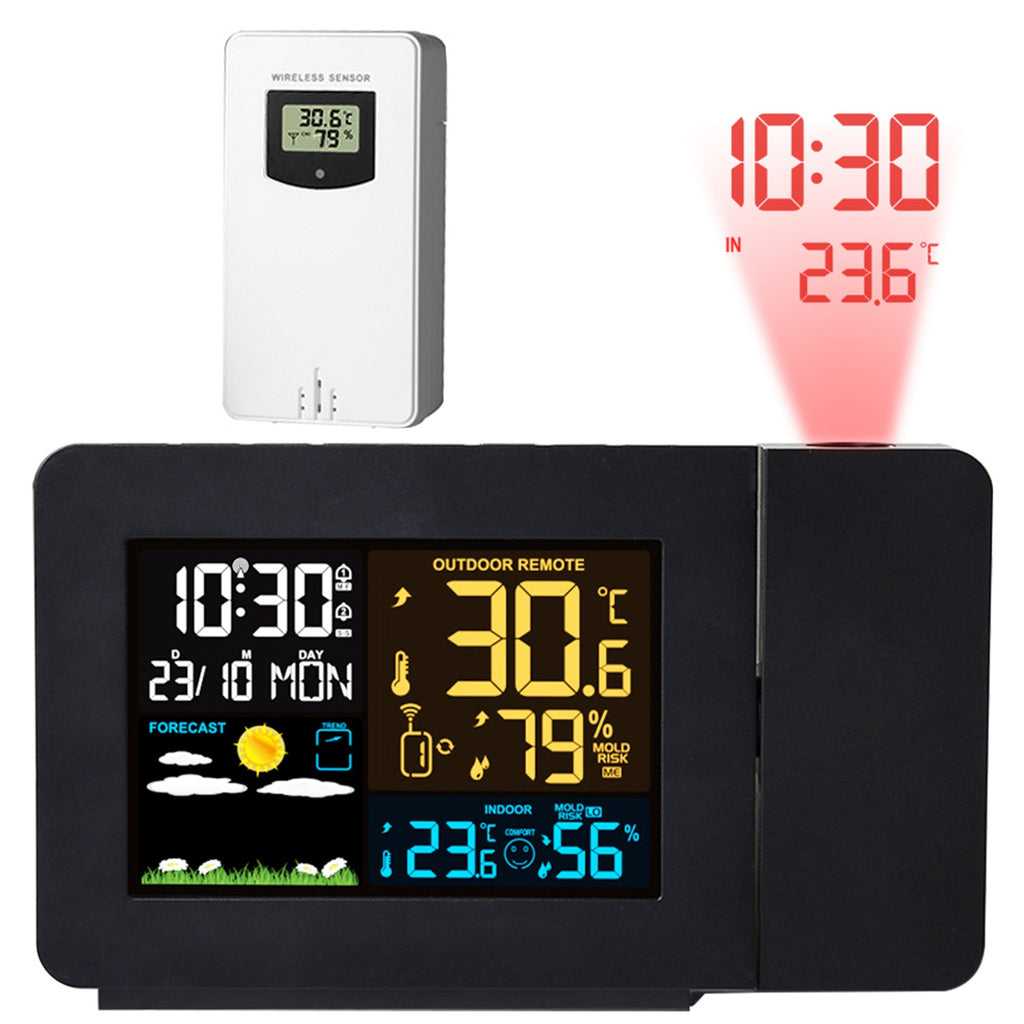 Digital clock with weather station and temperature projection on a white background