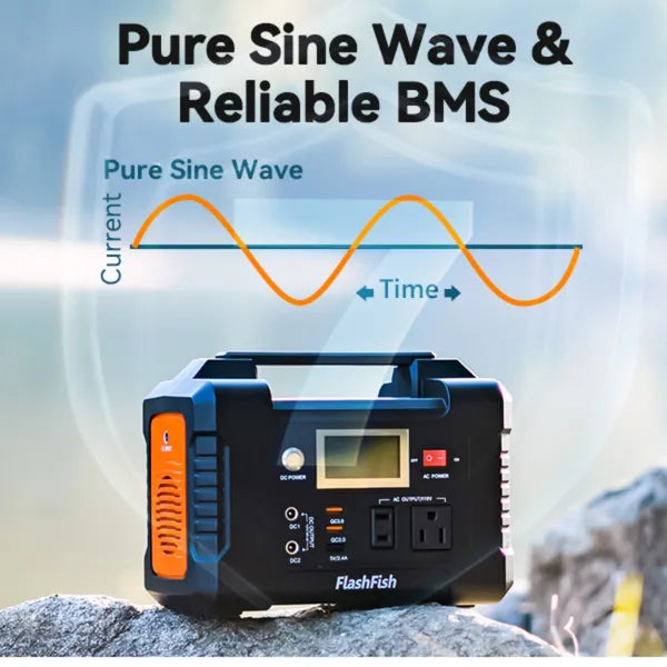 Power station with 'Pure Sine Wave & Reliable BMS' text and wave diagram on a blurred natural background.