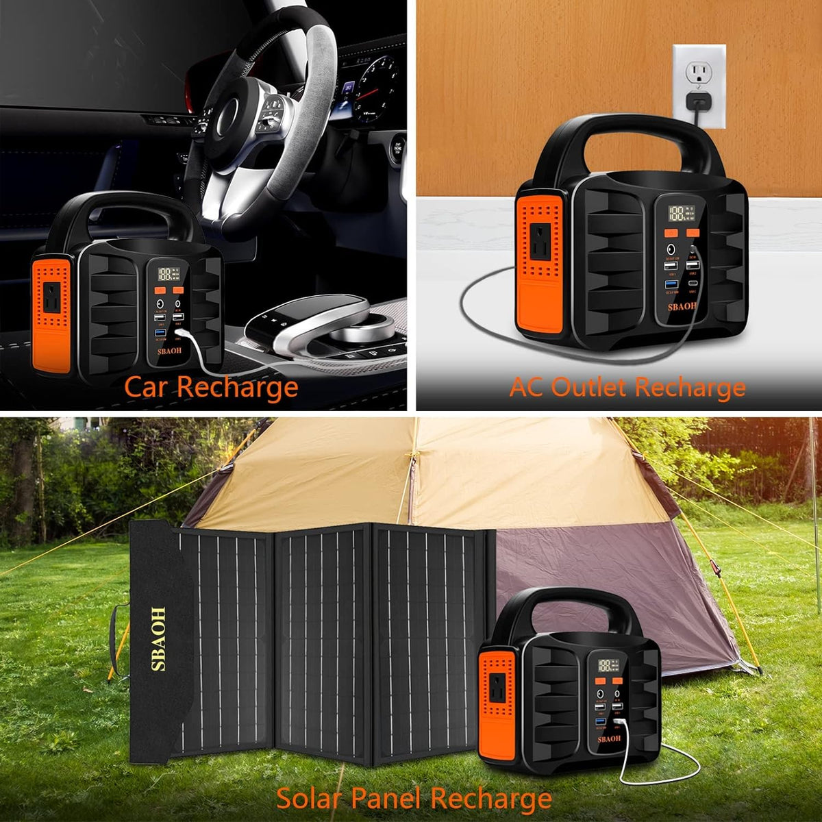 Power station with car, AC outlet, and solar panel recharge options on a grassy background.