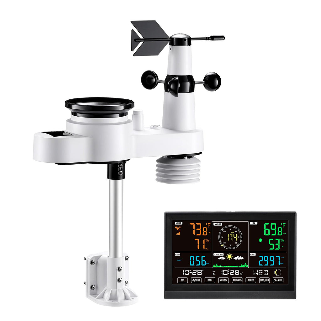 Weather station with wind vane and digital display on a white background