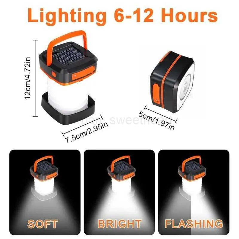 Solar-powered lantern with dimensions and light modes displayed on a white background