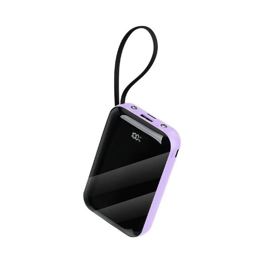 Black and purple power bank with digital display on a white background