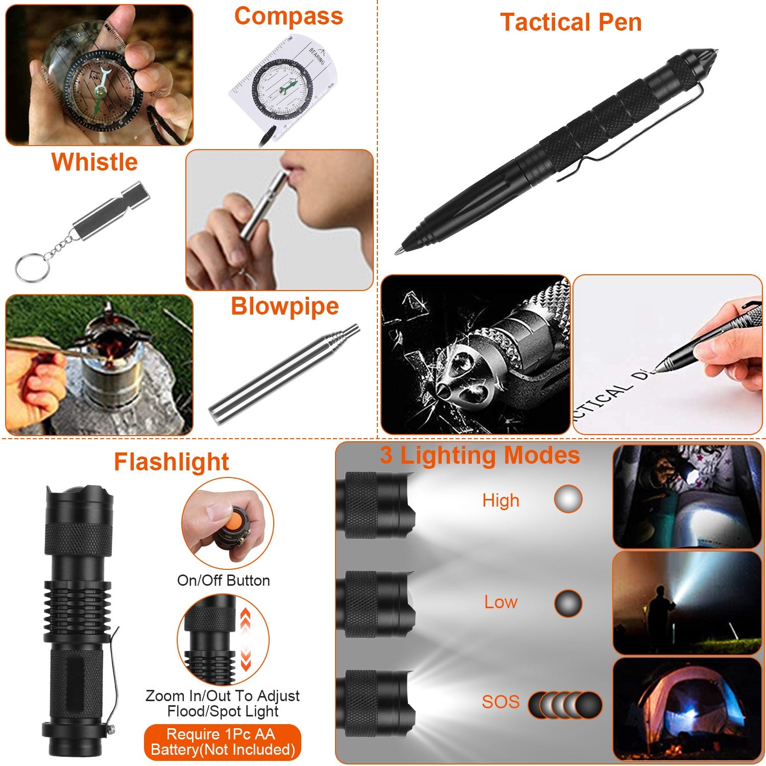 Collage of survival tools including a compass, tactical pen, whistle, blowpipe, and flashlight with lighting modes.
