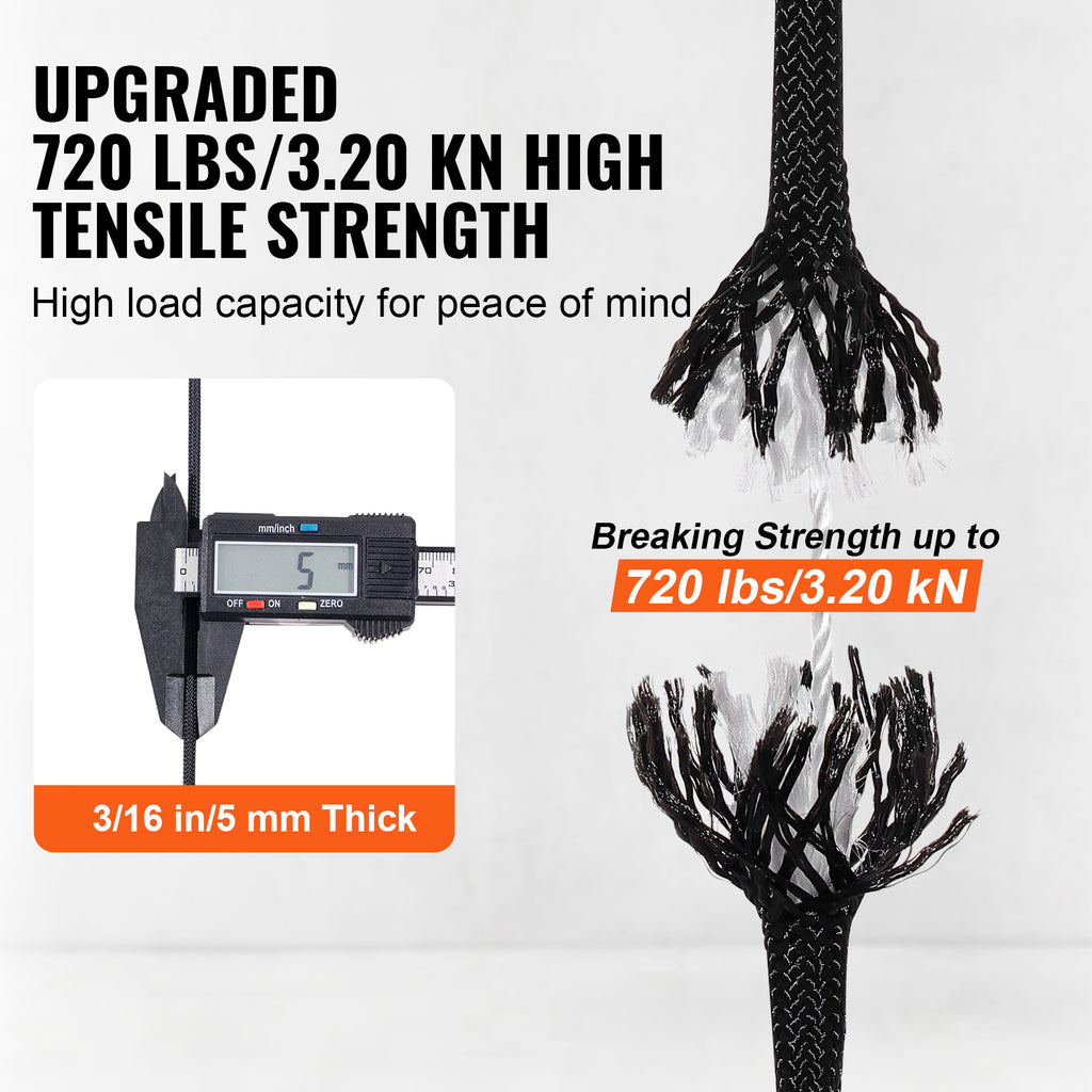 Black rope with measurement tool and text about tensile strength on a white background