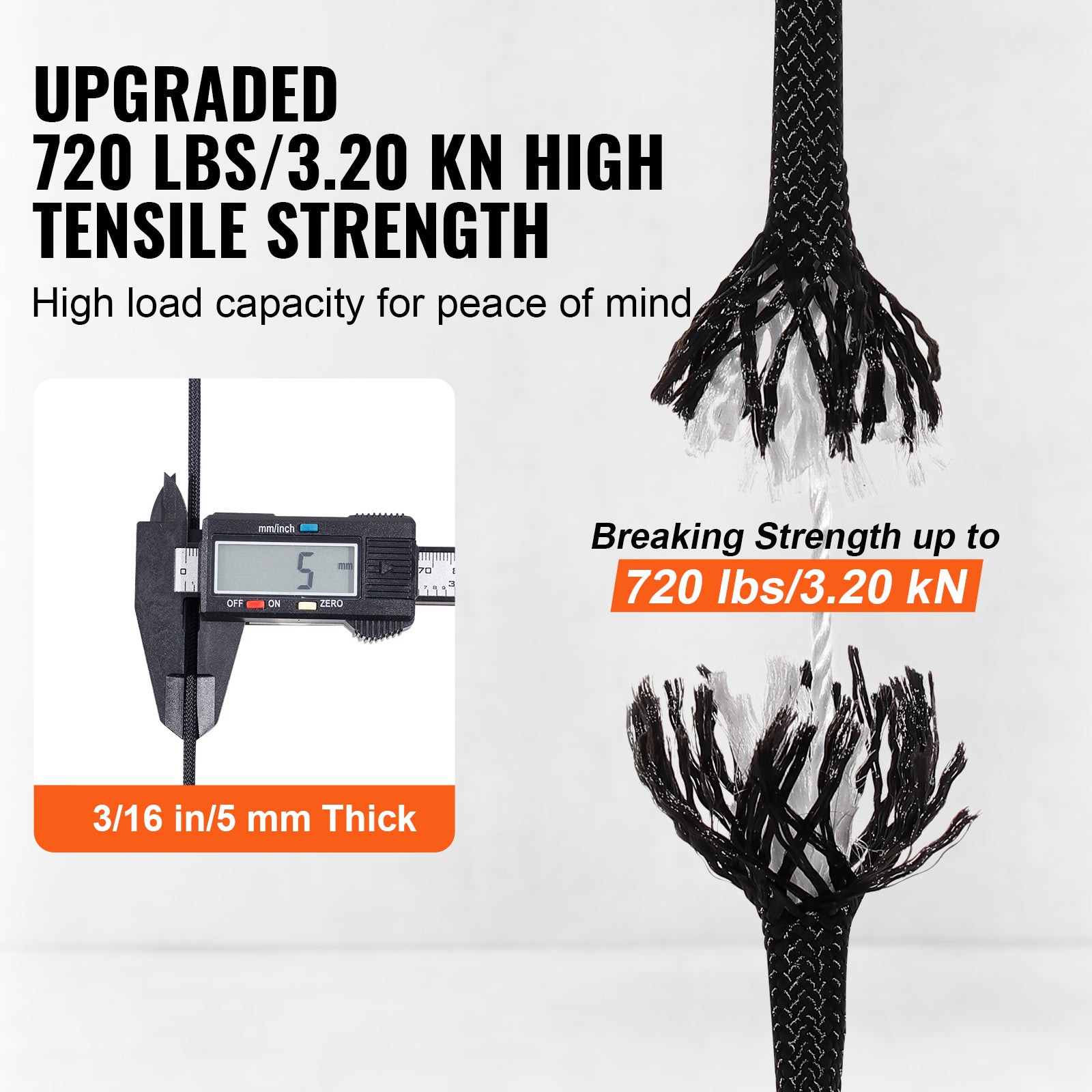 Black rope with measurement tool and text about tensile strength on a white background