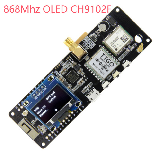 An 8-core CH9102F OLED TV board with 868MHz frequency, featuring a black PCB with a blue display screen, a gold SMA connector, and a Tigo wireless module, shown on a white background with red text overlay.