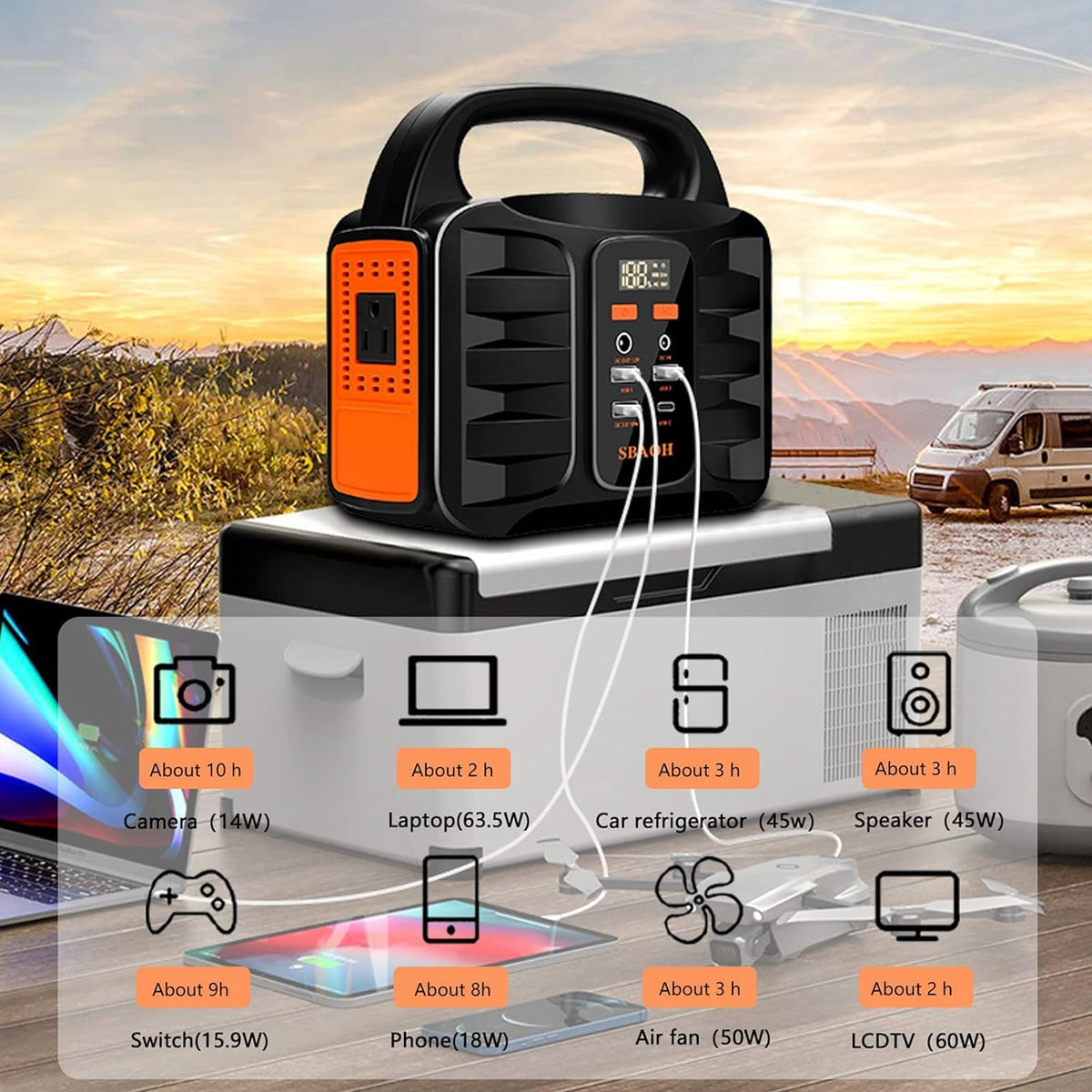 Portable power station with charging capabilities displayed against a scenic background.