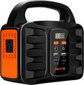 A portable power station with built-in handle, featuring a black body with bright orange accents on the side outlet panel and front branding. The front face includes a digital display screen and multiple USB-A and USB-C ports.