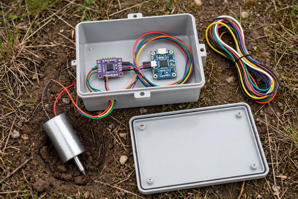 An outdoor kit showing a gray waterproof electrical junction box with internal circuit boards and multicolored wires, a separate metal cylindrical component, and the matching gray lid placed on dirt grass.