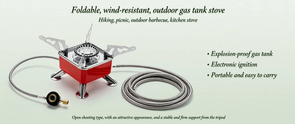 A portable foldable gas stove with a red body and silver metal legs, shown with a coiled gas hose and hose connector on a pale green background. Text on the image describes features such as explosion-proof gas tank, electronic ignition, and portability.