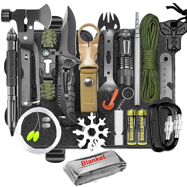 Collection of survival tools including knives, hammers, and multi-tools on a white background