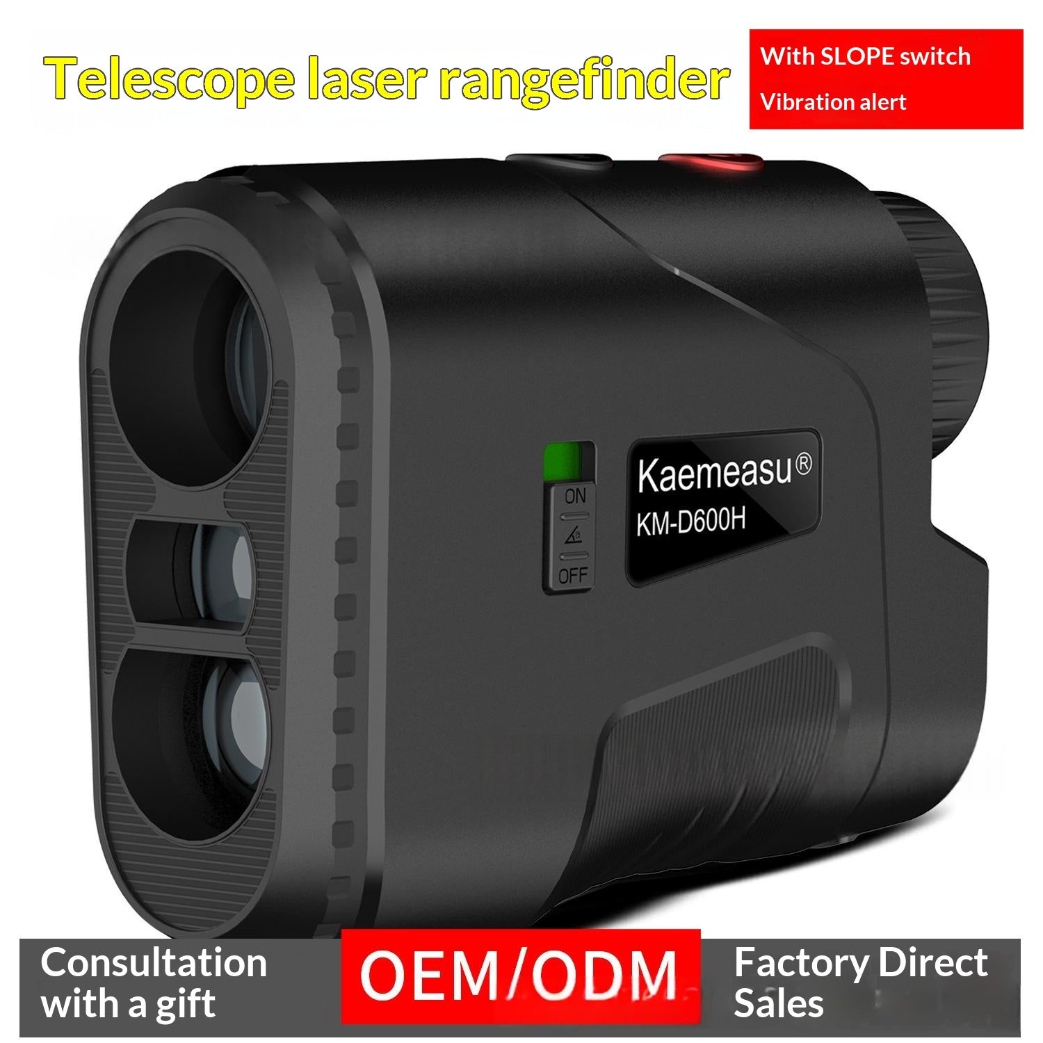 Black Kaemeasu telescope laser rangefinder model KM-D600H shown on a white background with promotional text overlays.