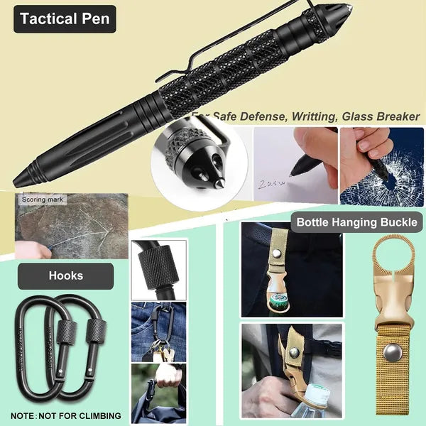 Tactical pen with multiple uses including defense, writing, glass breaking, scoring, bottle hanging, and keychain attachment on a beige background.