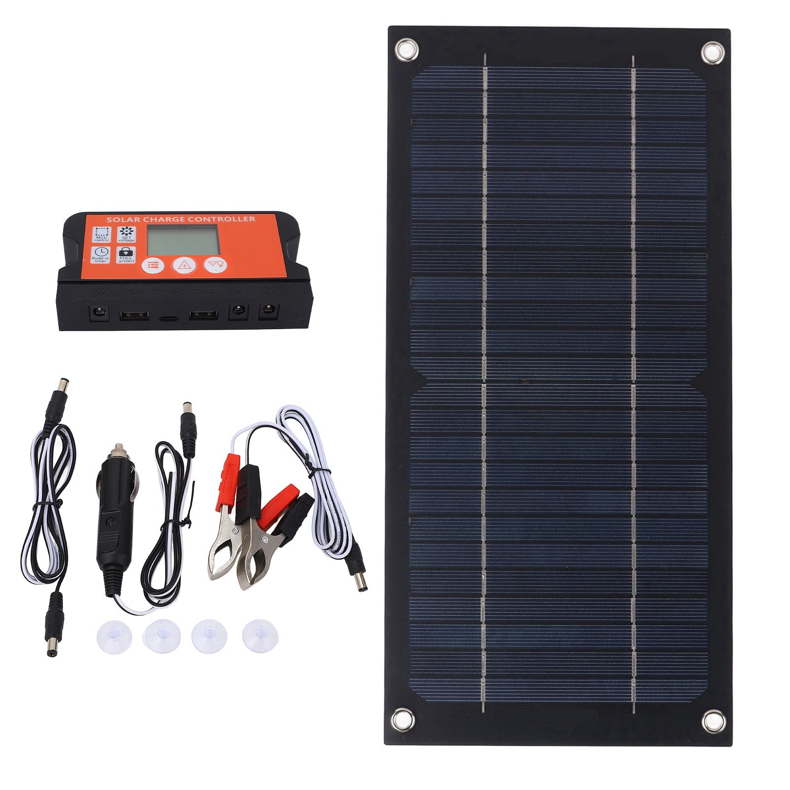 Solar panel and related accessories on a white background