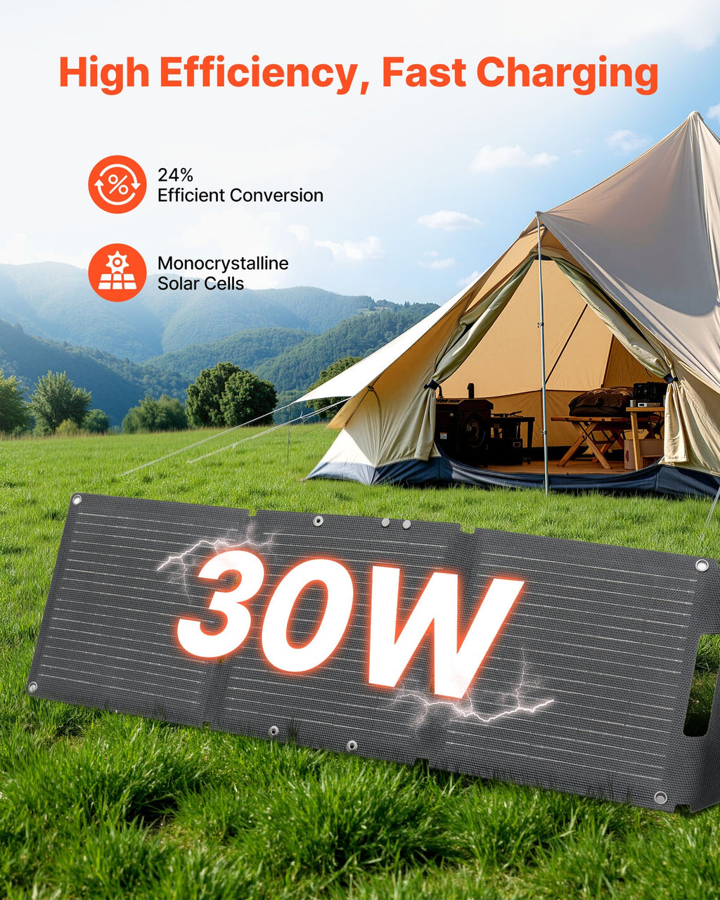 Solar panel with 30W rating in front of a tent in a camping setting