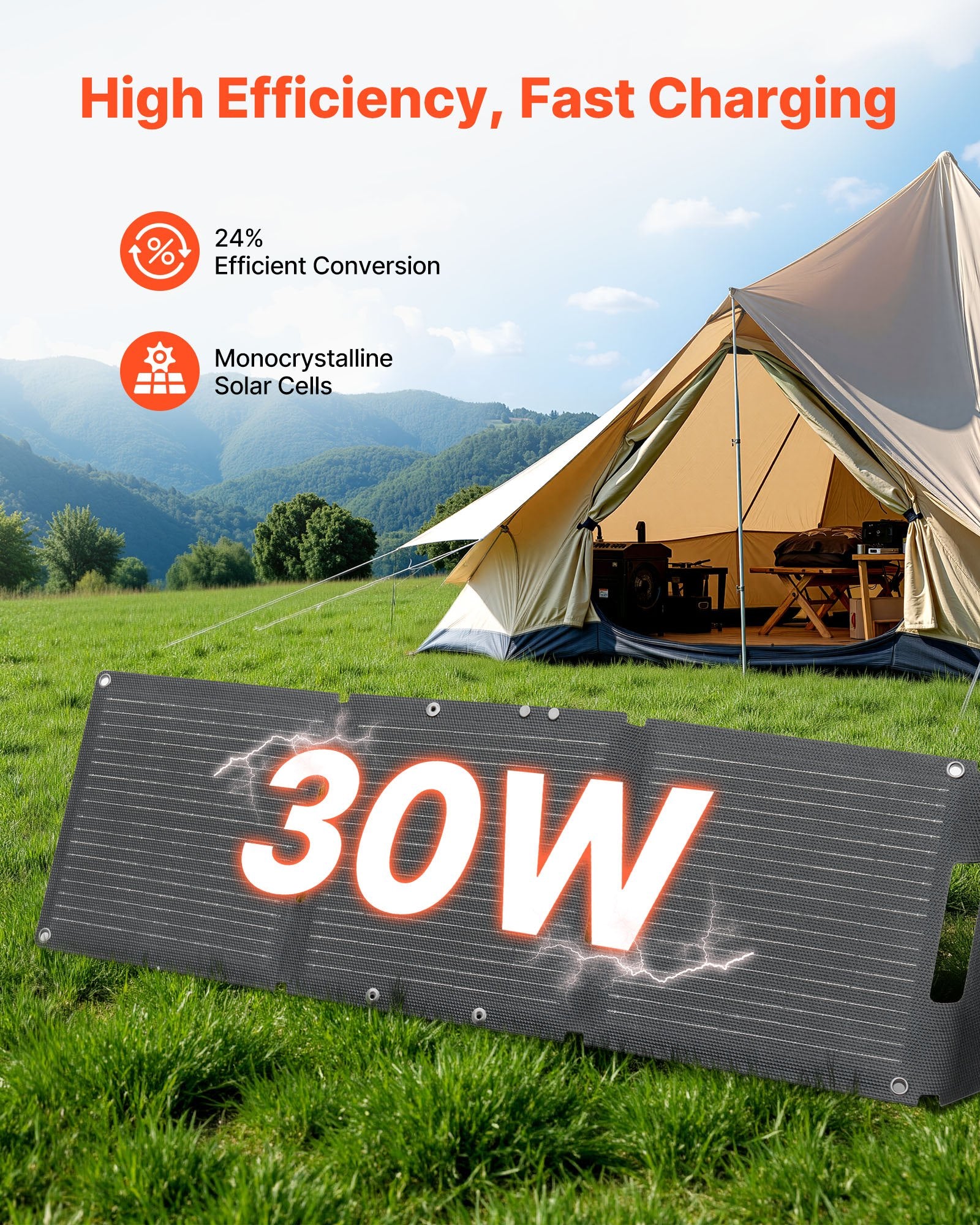 Solar panel with 30W rating in front of a tent in a camping setting