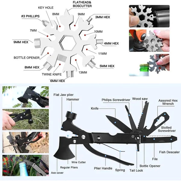Multitool with various tools and its components labeled on a white background.