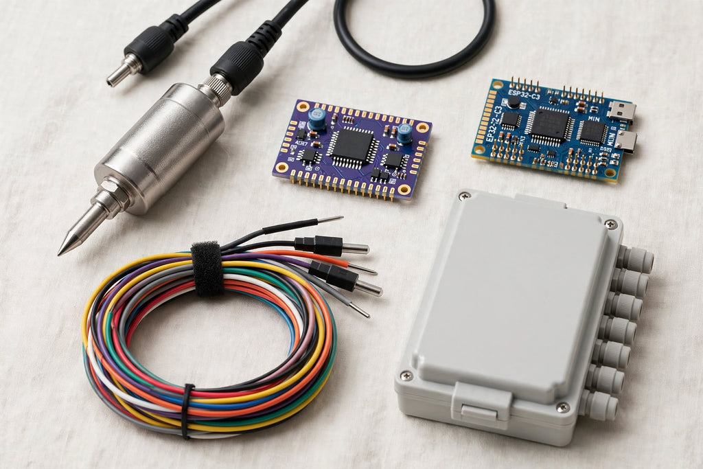 An electronic sensor kit laid out on a light fabric background, including a silver metal pressure transducer with a black cable, two blue circuit boards, a coiled multicolor wire bundle, and a gray waterproof junction box.