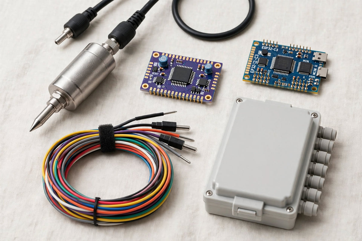 An electronic sensor kit laid out on a light fabric background, including a silver metal pressure transducer with a black cable, two blue circuit boards, a coiled multicolor wire bundle, and a gray waterproof junction box.