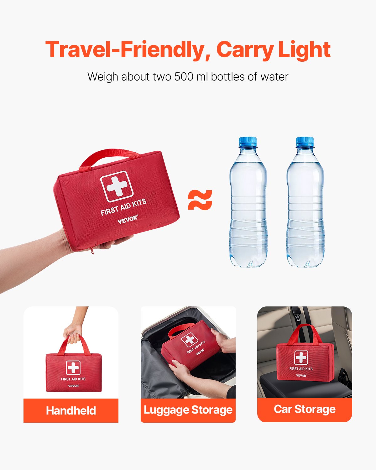 Red first aid kit compared to two 500 ml water bottles with text 'Travel-Friendly, Carry Light'.