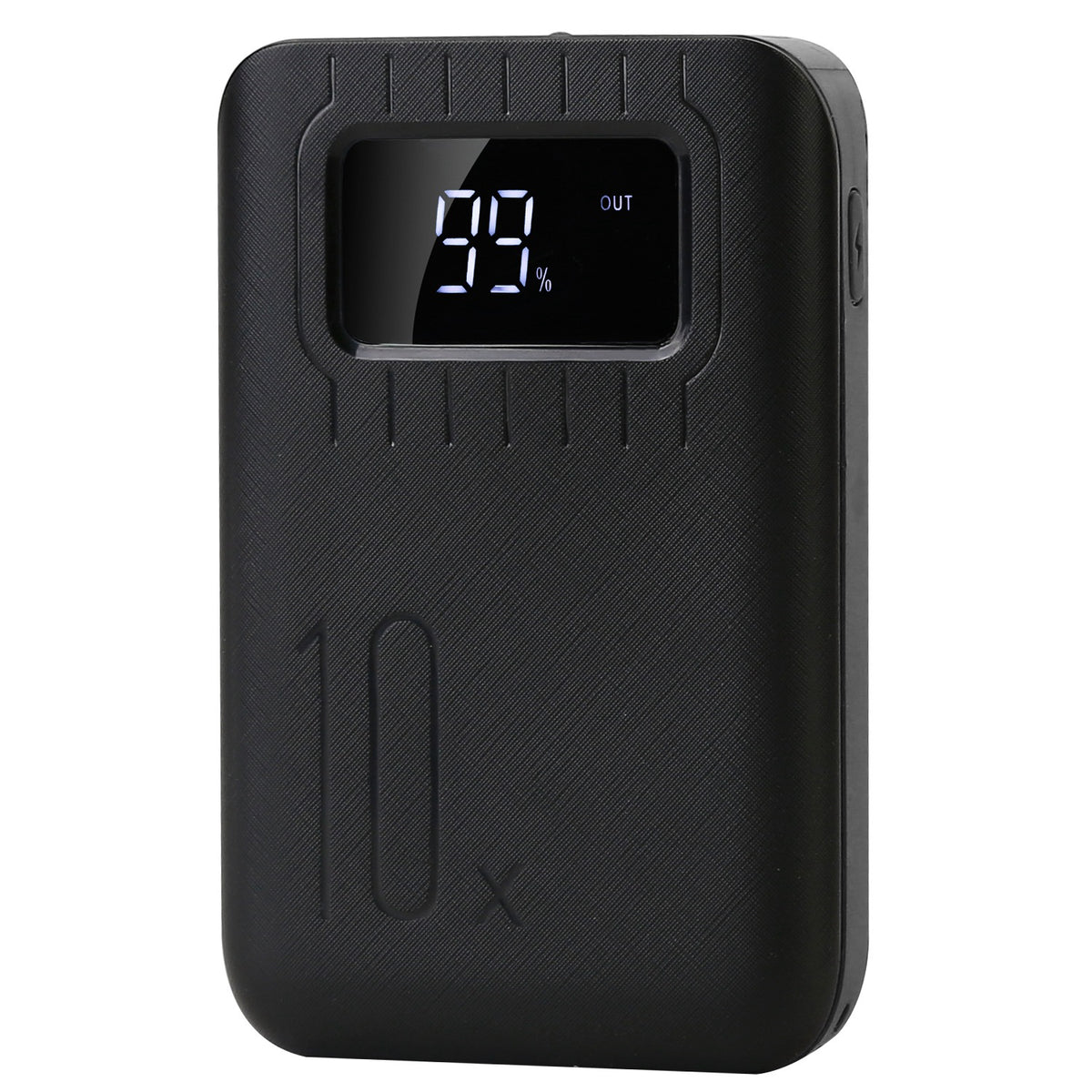 Black power bank with digital display on a white background