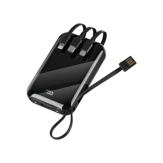 Black multi-port charging hub with USB cables on a white background
