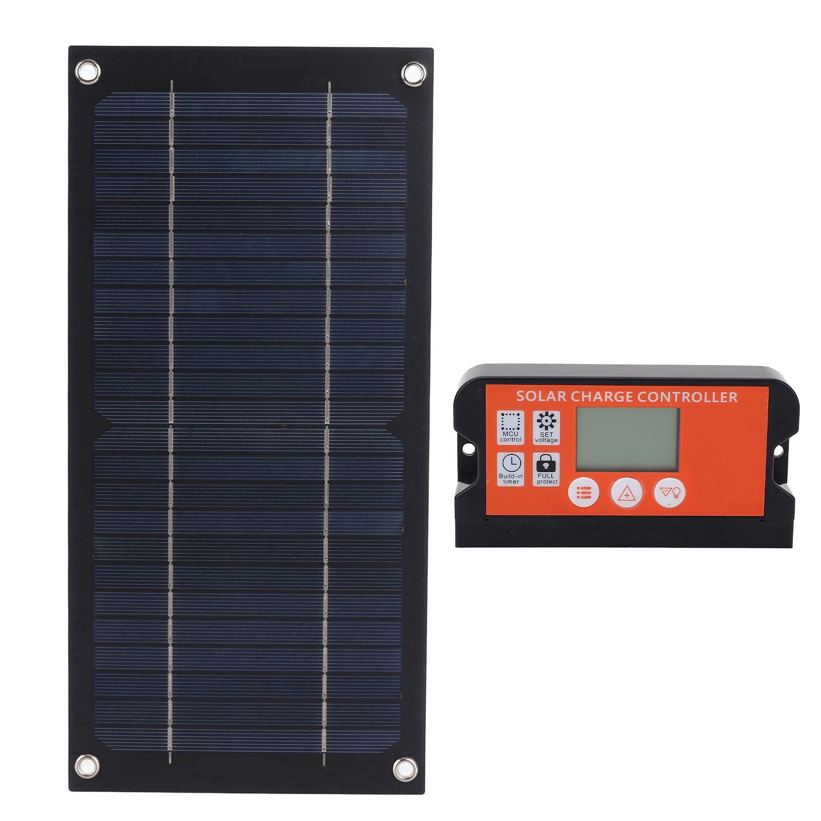 A solar panel with a black frame and dark blue photovoltaic cells, shown next to a solar charge controller with an orange faceplate and digital display screen.