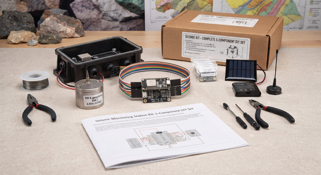 A seismic monitoring station kit laid out on a tabletop, including a cardboard product box, wiring harness, battery, solar panel, antenna, pliers, screwdrivers, printed instructions, and small electronic components. A map and rocks are visible in the background.
