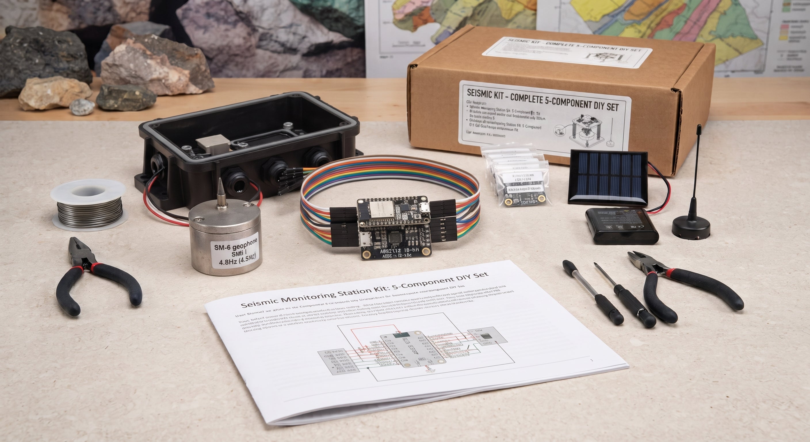 A seismic monitoring station kit laid out on a tabletop, including a cardboard product box, wiring harness, battery, solar panel, antenna, pliers, screwdrivers, printed instructions, and small electronic components. A map and rocks are visible in the background.
