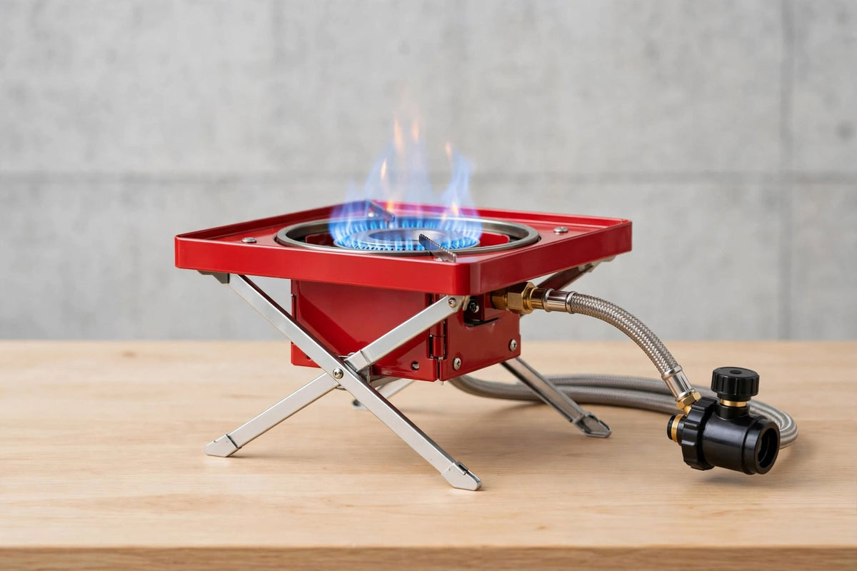 A red portable camping stove with a silver metal stand, shown lit with blue and orange flames. It has a flexible metal hose connected to a black gas regulator, set on a light wood surface against a gray concrete wall background.