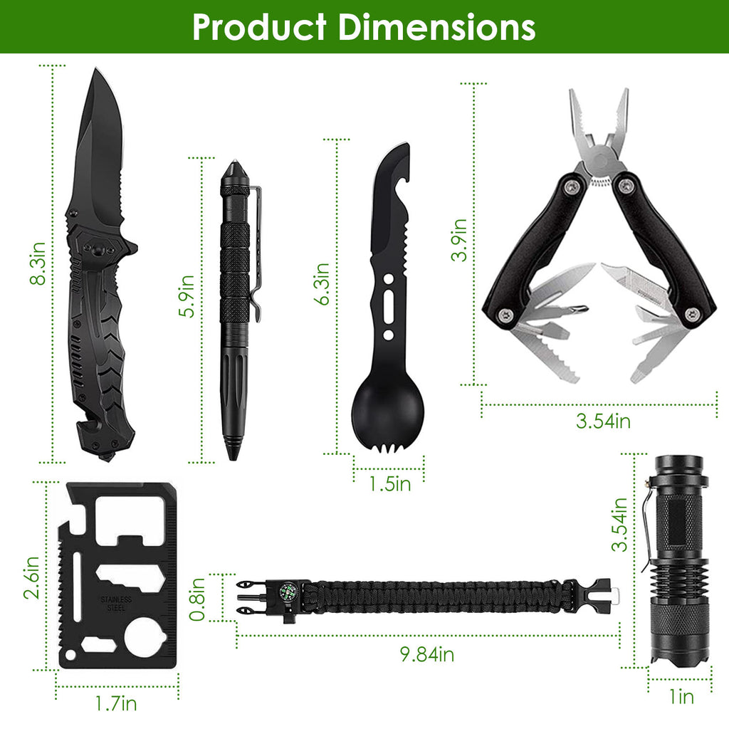 Set of tactical tools with dimensions displayed