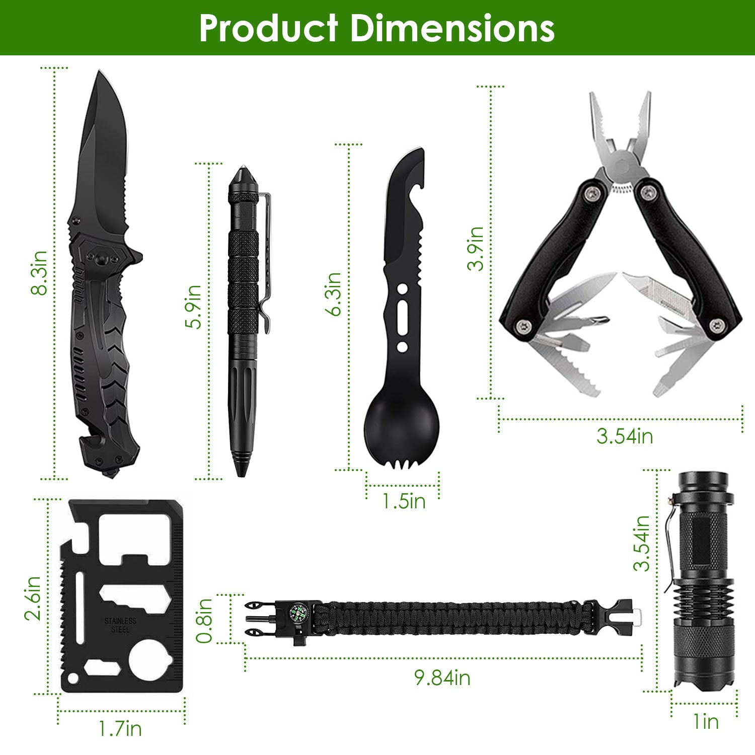 Set of tactical tools with dimensions displayed