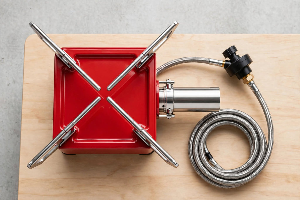 A red portable gas stove top with four metallic support legs and a braided metal gas hose connected to a black and brass regulator, displayed on a light wood board against a gray background.