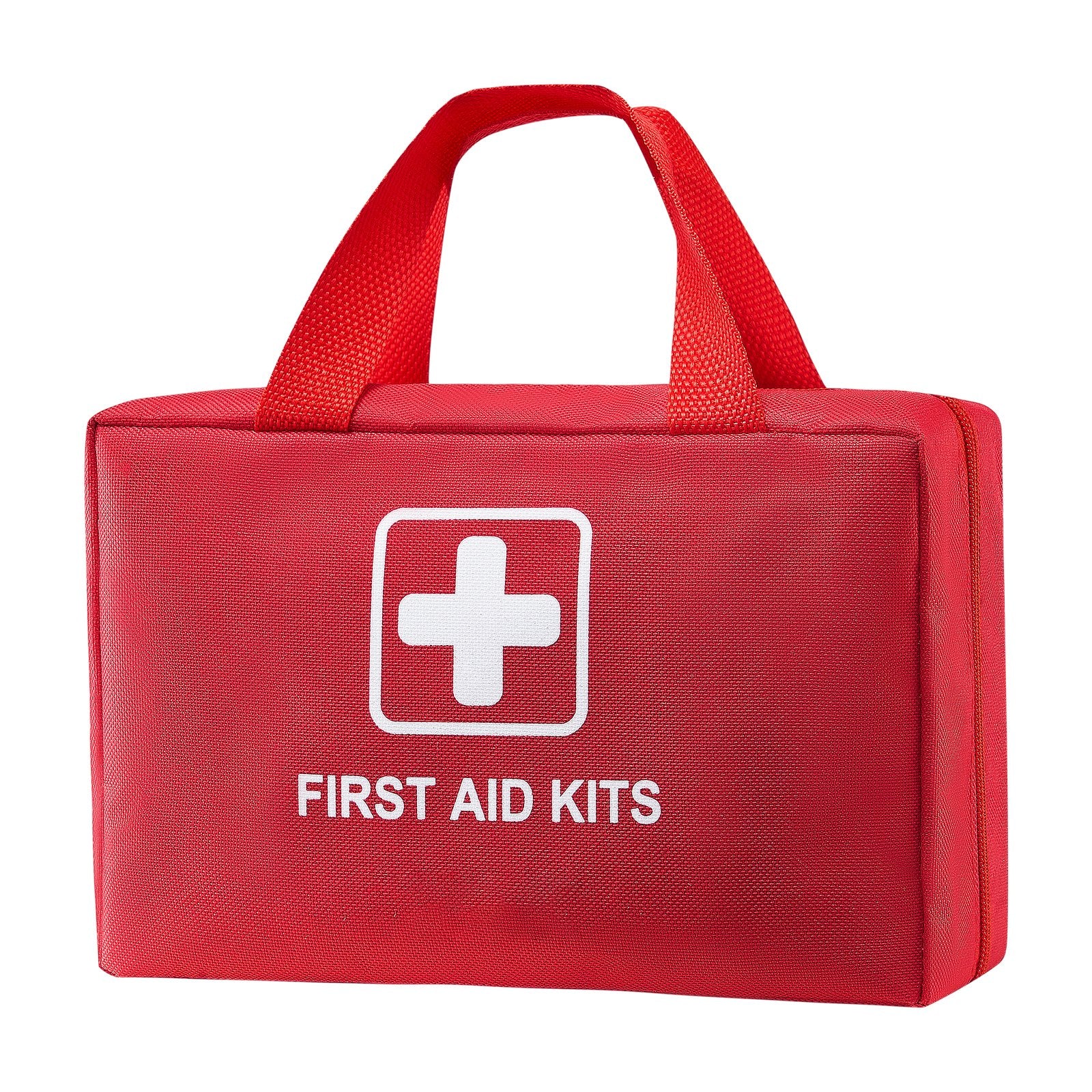 A red rectangular first aid kit bag with two top handles, featuring a white first aid cross symbol and the text 'FIRST AID KITS' on the front, shown on a plain white background.