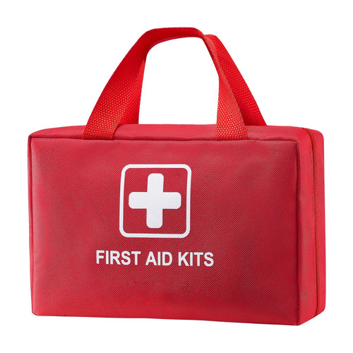 A red rectangular first aid kit bag with two top handles, featuring a white first aid cross symbol and the text 'FIRST AID KITS' on the front, shown on a plain white background.