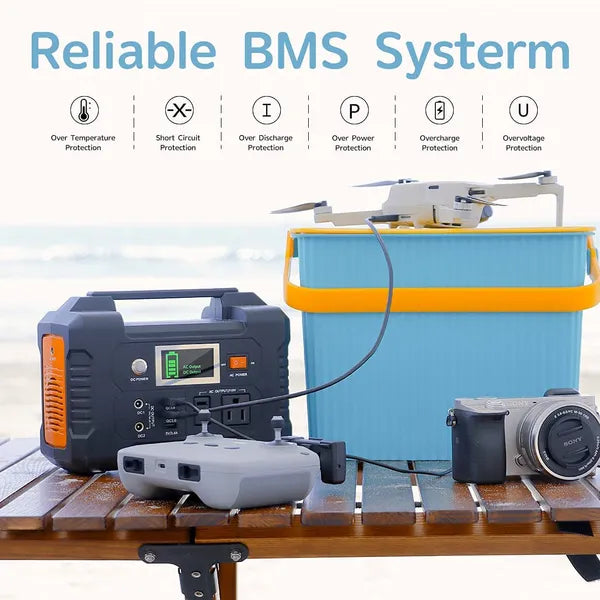 Portable power station with battery and camera on a table, featuring a reliable BMS system.