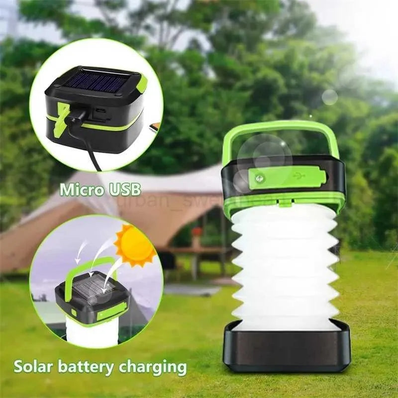 Solar-powered lantern with charging details on a grassy background