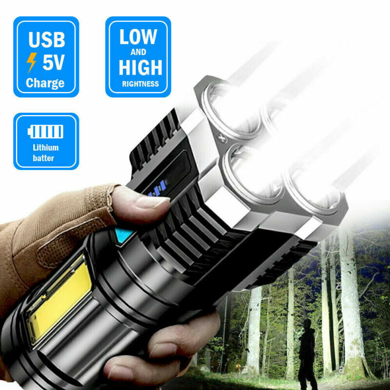 Handheld flashlight with USB charging feature, lithium battery, and adjustable brightness in a forest setting.